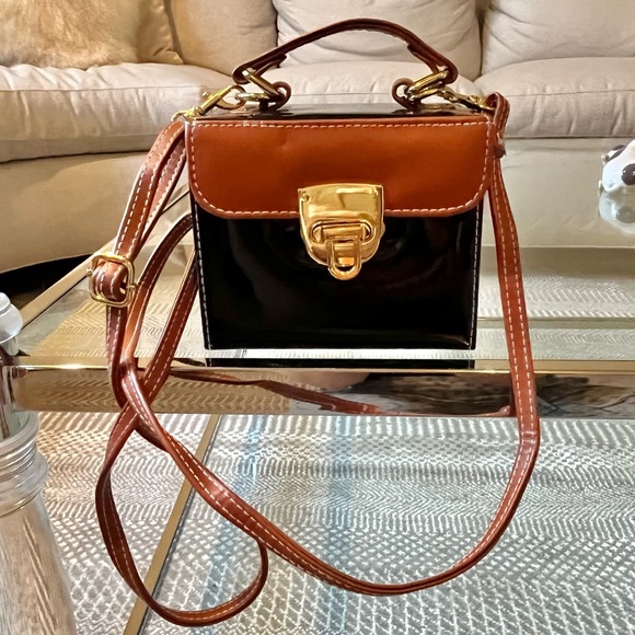 Cooperative Handbags - Cooperative Small Crossbody Box Bag Black/Brown Patent Vegan Leather